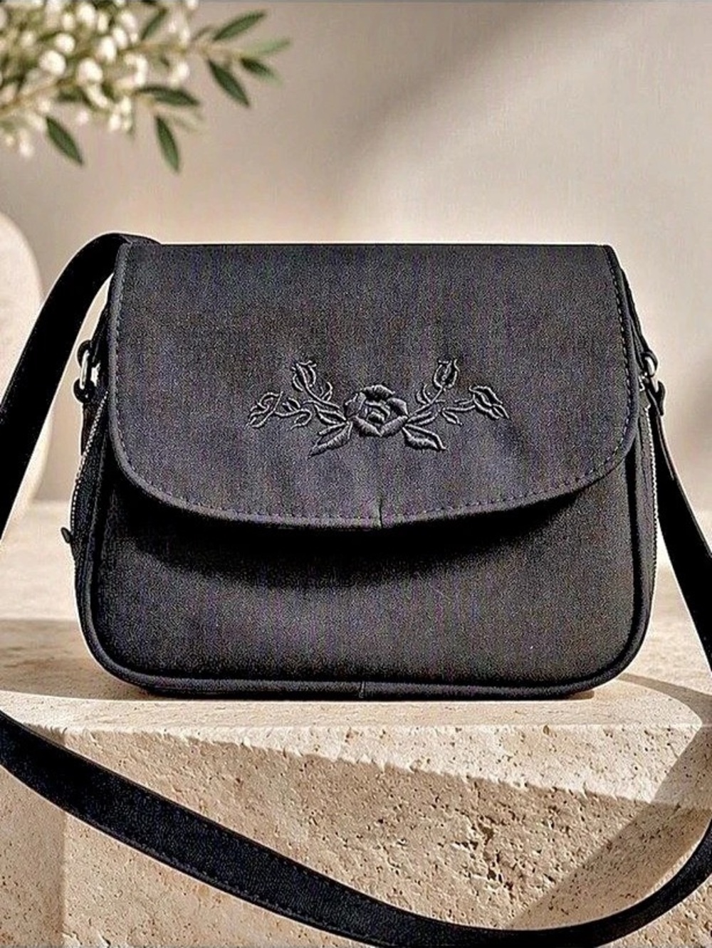 90's Embroidered Black Crossbody Bag Like New